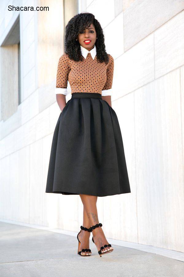 STYLE PANTRY EDITOR FOLAKE KUYE IN A BUTTON DOWN SHIRT + MIDI DRESS + FULL MIDI SKIRT