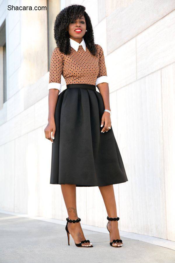 STYLE PANTRY EDITOR FOLAKE KUYE IN A BUTTON DOWN SHIRT + MIDI DRESS + FULL MIDI SKIRT