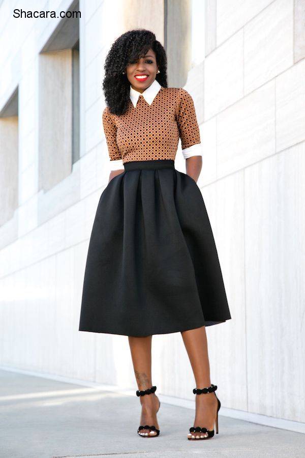 STYLE PANTRY EDITOR FOLAKE KUYE IN A BUTTON DOWN SHIRT + MIDI DRESS + FULL MIDI SKIRT