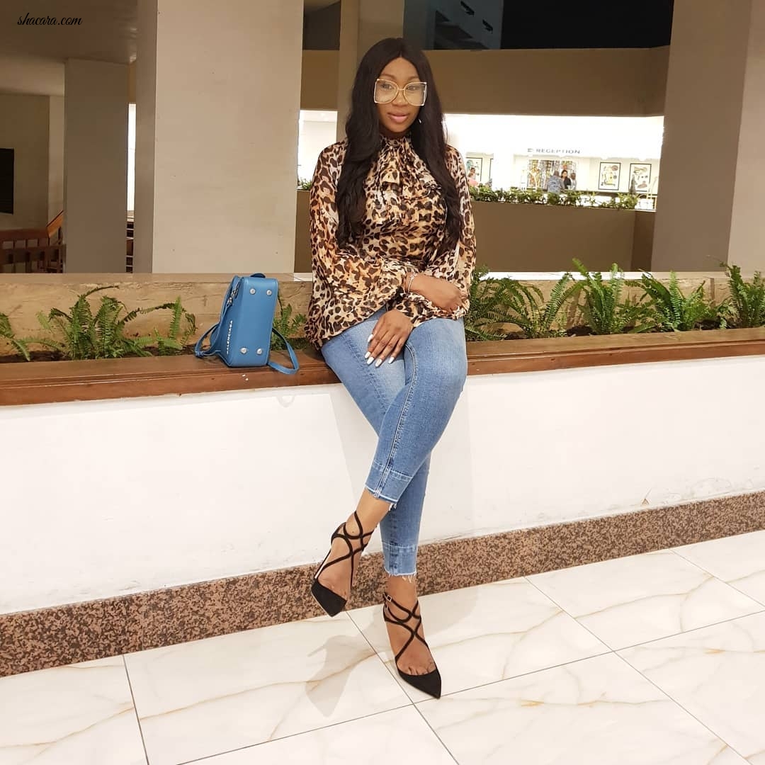 Ebube Nwagbo Channels Casual Chic In Leopard Print & Denim Combo